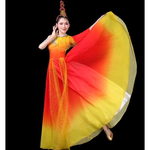 Women's hanfu chinese folk dance costumes red with yellow gradient colored drummer fairy fan umbrella classical dance dress